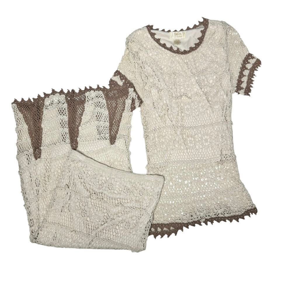 Vintage Kroshetta by Papillon Crochet Beaded 90s Skirt Set Beach Boho Medium